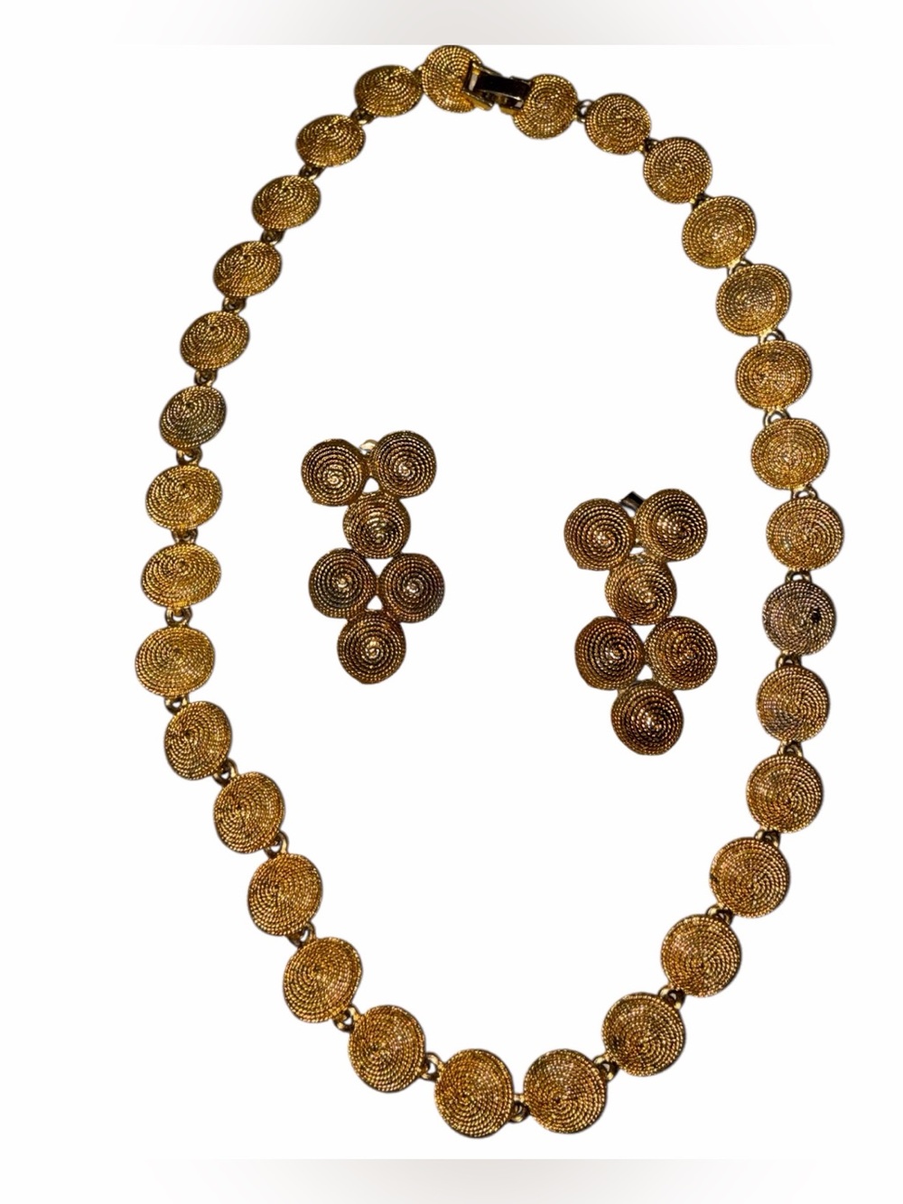 Vintage Gold Tone Rope Swirl Disc Link Necklace and Cluster Earrings Set